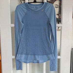 Sweaty Betty size XS blue long sleeve top, 85% merino wool w/perforated sleeves